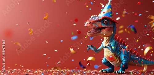 Smiling Dinosaur Wearing a Party Hat Celebrates With Confetti