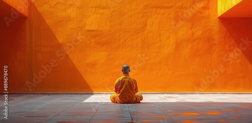 A Buddhist Monk Meditating in Front of an Orange Wall in a Temple