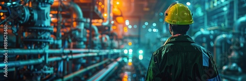 Industrial Worker Standing in a Factory at Night