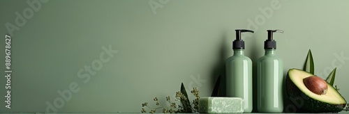 Avocado and Green Beauty Products on Green Background