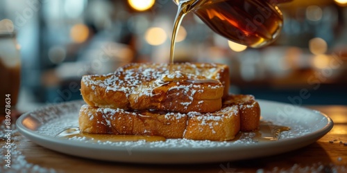 Golden French Toast Being Drizzled With Syrup at Sunset