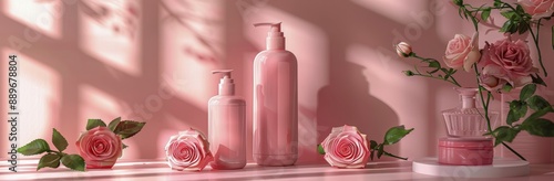 Pink Bottles of Lotion and Perfume With Roses in Soft Lighting