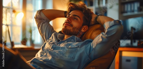Man Leaning Back In Chair With Hands Behind Head in Office