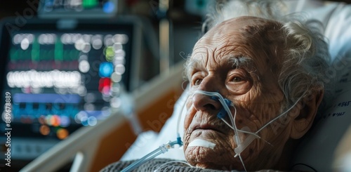 Elderly Patient Receiving Oxygen In Hospital Bed