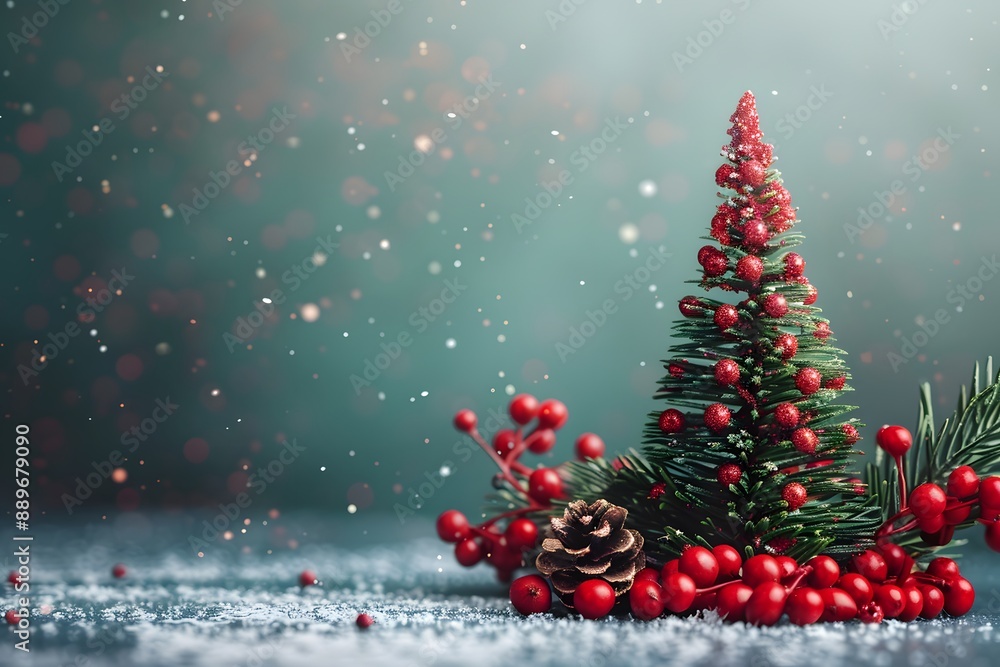 Obraz premium Festive Miniature Christmas Tree with Red Berries and Pine Cones in Snowy Setting