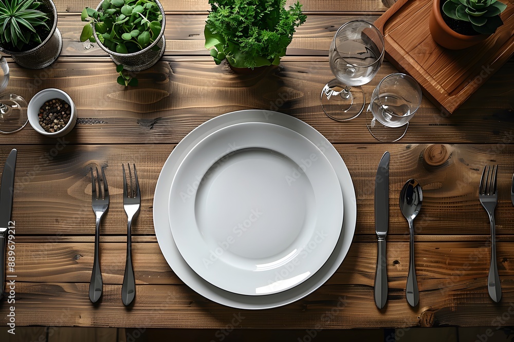 Elegant Table Setting with Fresh Greenery on Wooden Surface Elegant Table Setting with Fresh Greenery on Wooden Surface