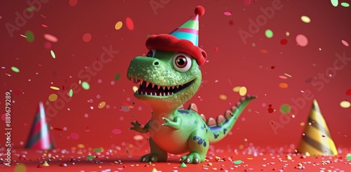 Smiling Dinosaur Wearing a Party Hat Celebrates With Confetti