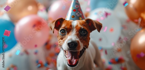 Happy Dog Wearing Party Hat Surrounded By Balloons And Confetti