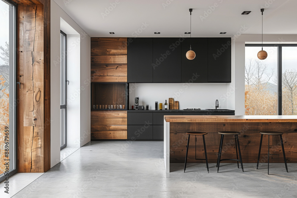 Obraz premium Home kitchen interior with bar counter, cabinet and window. Mock up wall