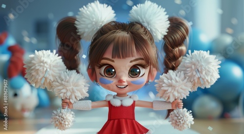 Cheerful Cartoon Girl Holding Pom Poms Against Blue Background