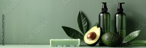 Avocado and Green Beauty Products on Green Background