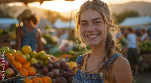 Smiling Woman Shopping for Produce at a Farmers Market