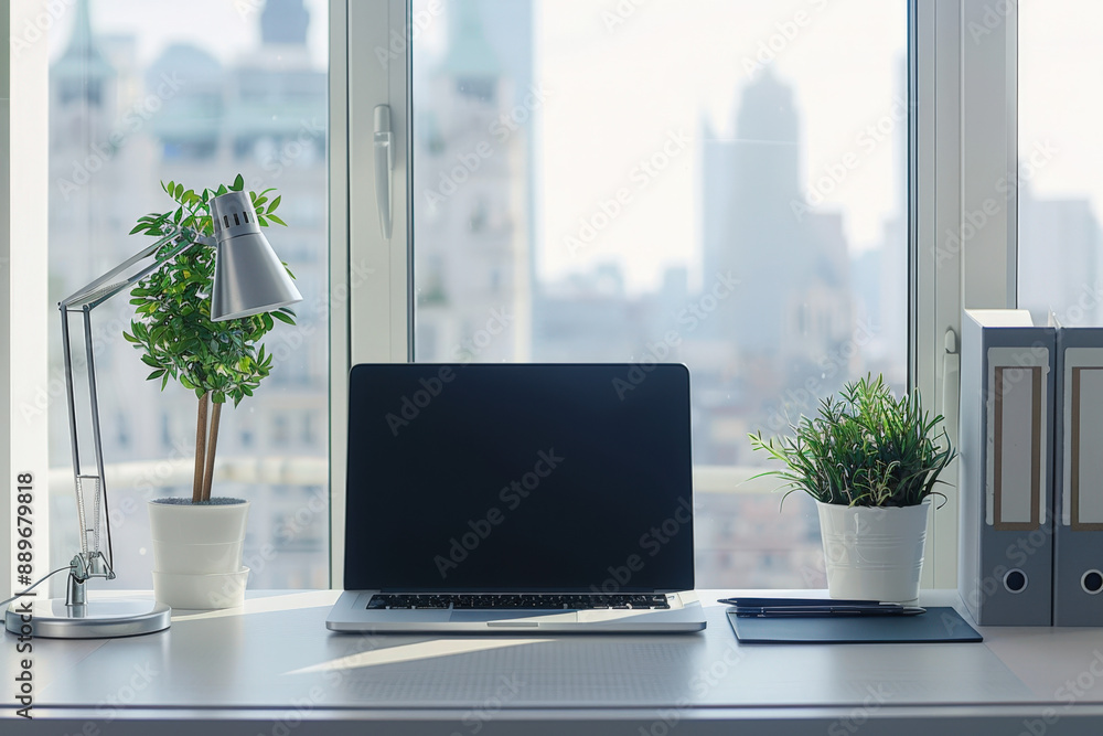 Clean and organized workspace is set up on a desk by the window, bathed in natural light and offering a view of the cityscape