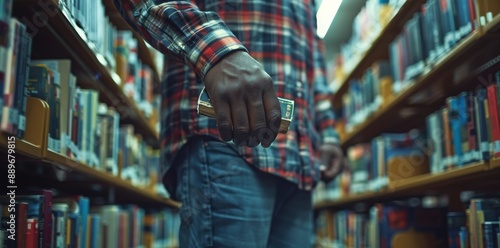 Person Holding a Book in a Library Aisle