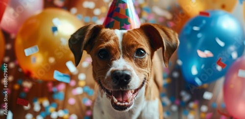 Happy Dog Wearing Party Hat With Confetti and Balloons