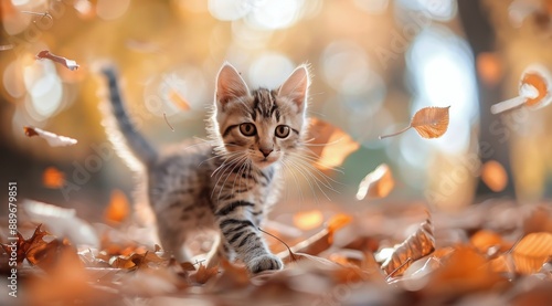 Tabby Kitten Playing in Fall Leaves