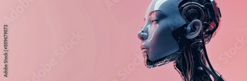 Profile of a Cyborg Woman With Exposed Mechanical Parts Against a Red Background