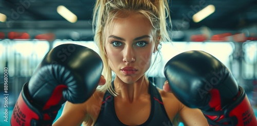 Woman in Black Sports Bra Punching a Heavy Bag in a Gym