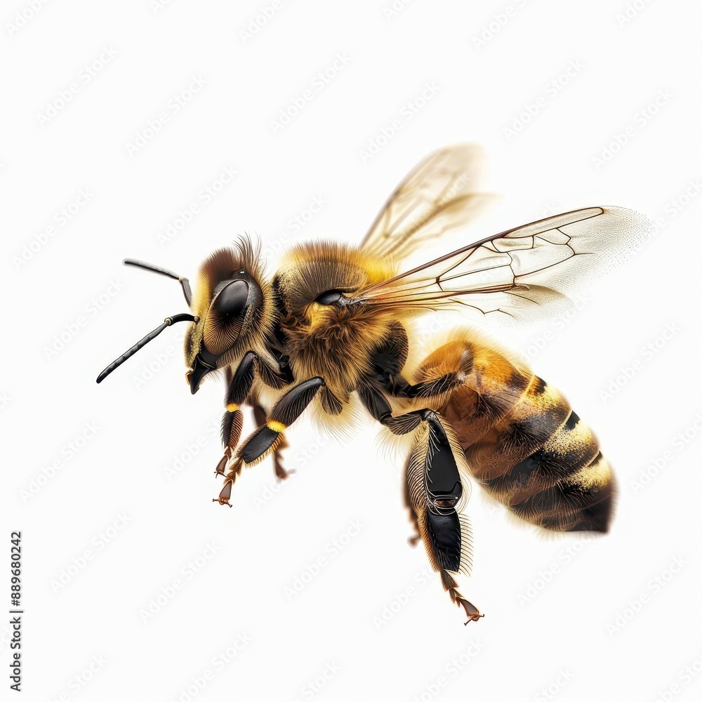 detailed macro shot of honey bee in motion intricate wing patterns and fuzzy body visible isolated on pure white background hyperrealistic rendering captures essence of industrious insect detailed macro shot of honey bee in motion intricate wing patterns and fuzzy body visible isolated on pure white background hyperrealistic rendering captures essence of industrious insect