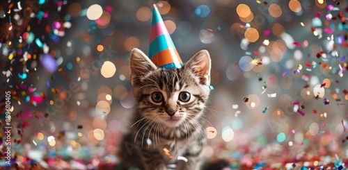 A Tabby Kitten Wearing a Party Hat Amidst Confetti