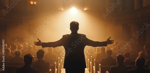 A Man Addresses a Crowd in a Dimly Lit Auditorium