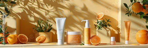 Orange Scented Skincare Products Arranged on a Shelf With Plants and Oranges