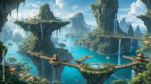 Serene Fantasy Landscape Background with Floating Islands and Waterfalls photo