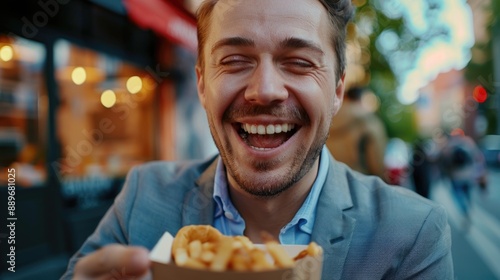 A person holding a box of food with a friendly smile photo