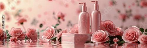 Pink Bottles With Flowers On A White Surface