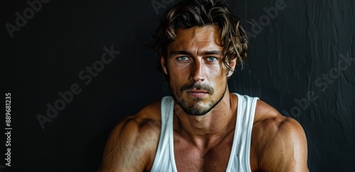 Close Up Portrait of a Handsome Man With Wavy Blonde Hair in a White Tank Top