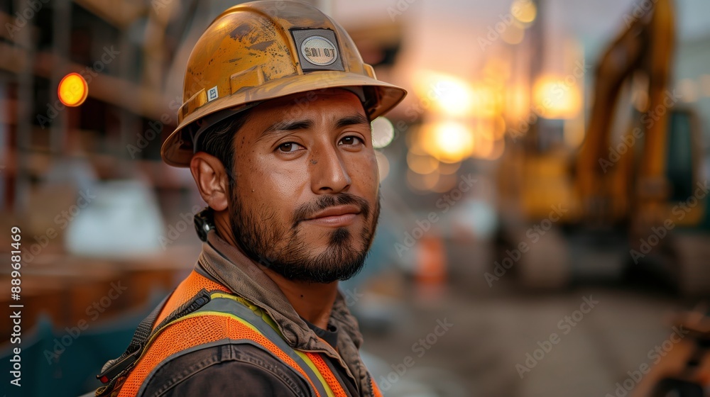Construction Worker Wearing Hard Hat At Sunset On Job Site Construction Worker Wearing Hard Hat At Sunset On Job Site