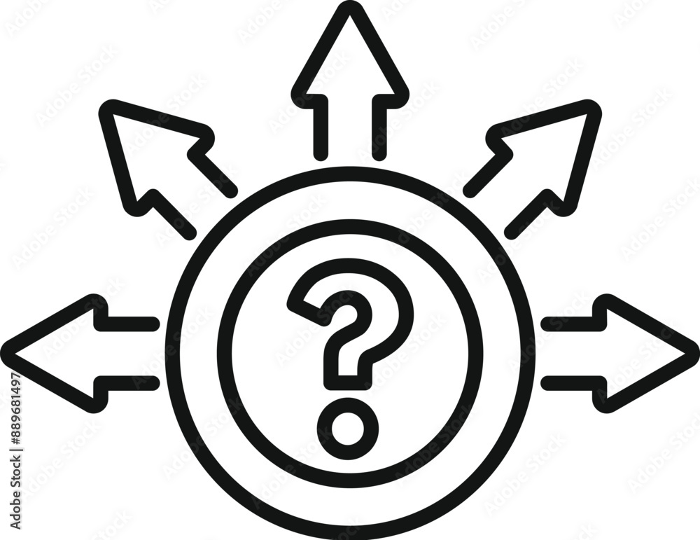 Concept of confusion with a question mark at the center of multiple arrows pointing in different directions Concept of confusion with a question mark at the center of multiple arrows pointing in different directions
