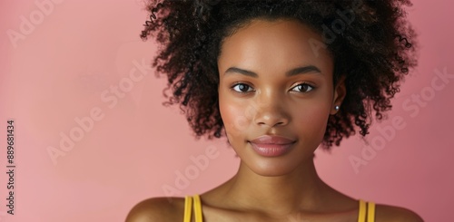Young Woman With Curly Hair Posing Against Pink Wall