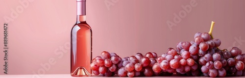 A Single Bottle of Rose Wine With Fresh Grapes on a Pink Background