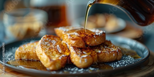 Golden French Toast Being Drizzled With Syrup at Sunset
