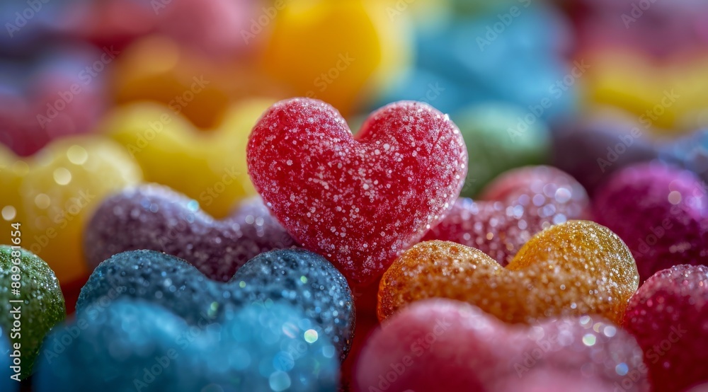 Closeup Of Colorful Heart-Shaped Candies With Sugar Crystals Closeup Of Colorful Heart-Shaped Candies With Sugar Crystals
