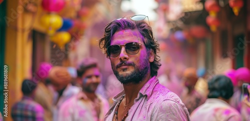 Man Covered In Pink Holi Powder Smiles In Busy Indian Street