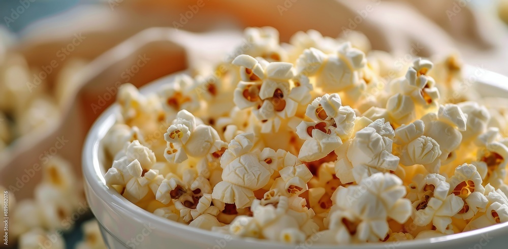 Close Up of Buttery Popcorn in a White Bowl Against a Bokeh Background Close Up of Buttery Popcorn in a White Bowl Against a Bokeh Background
