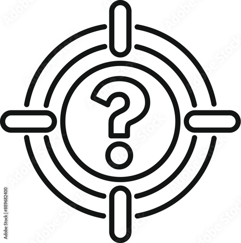 Simple, bold, icon graphic of a question mark being targeted in a crosshair scope