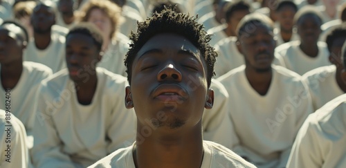 Young Man Meditating Among a Group of People in White Clothing