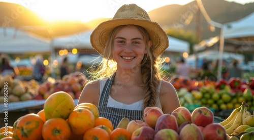 Smiling Woman Selling Fruit at an Outdoor Market in the Evening
