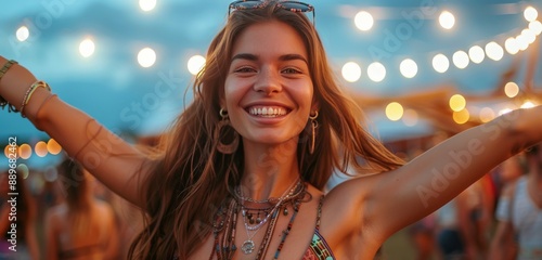 Happy Woman With Flower Crown Dancing at Night Music Festival