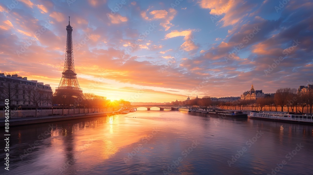 Paris Eiffel Tower and River Seine at sunrise Iconic landmark of Paris in a web banner format during an early spring morning Paris Eiffel Tower and River Seine at sunrise Iconic landmark of Paris in a web banner format during an early spring morning