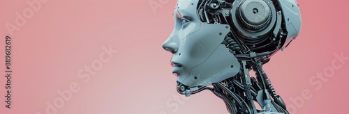 Profile View of a Mechanical Humanoid Robot Against a Pink Background