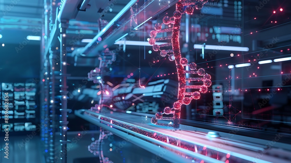 AI algorithms working on genetic sequencing in a modern facility. AI algorithms working on genetic sequencing in a modern facility.
