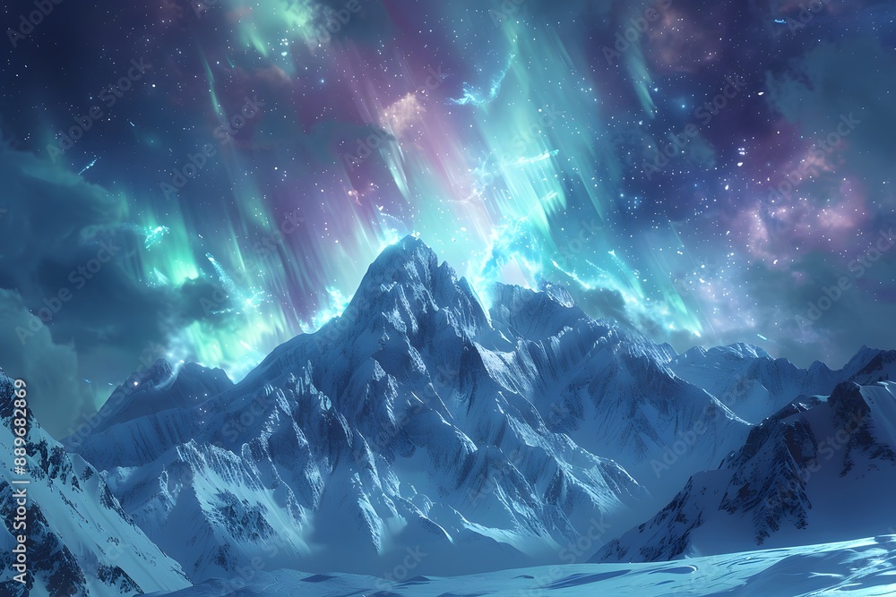 Majestic Snow-Capped Mountains Under a Mesmerizing Aurora Borealis Majestic Snow-Capped Mountains Under a Mesmerizing Aurora Borealis