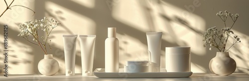 White Beauty Products Displayed on Tray With Flowers in Vases