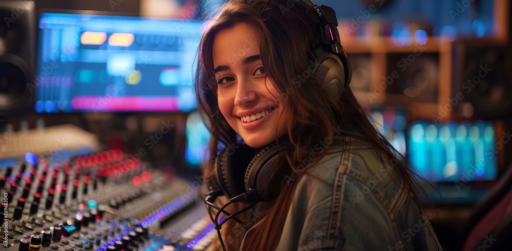 Obraz premium Smiling Female Radio Host In Studio With Microphone And Headphones