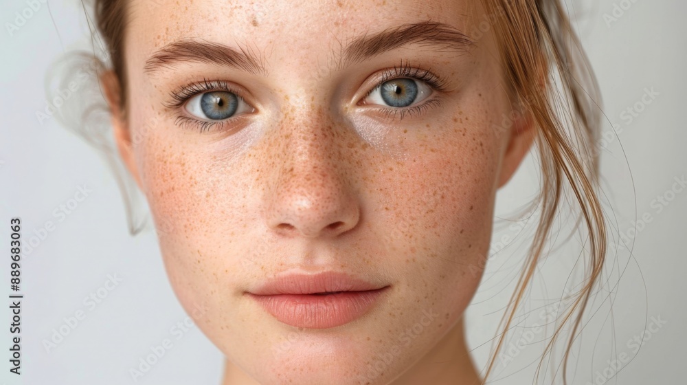 A young woman with freckles looks directly at the camera. Her skin is clear and her hair is pulled back, revealing her face. A young woman with freckles looks directly at the camera. Her skin is clear and her hair is pulled back, revealing her face.