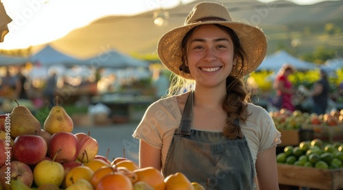 Smiling Woman Selling Fruit at an Outdoor Market in the Evening